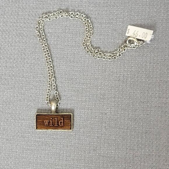 NWT "WILD" USA Made Wood Pendant Necklace Silver Link Chain With Display - Picture 1 of 14